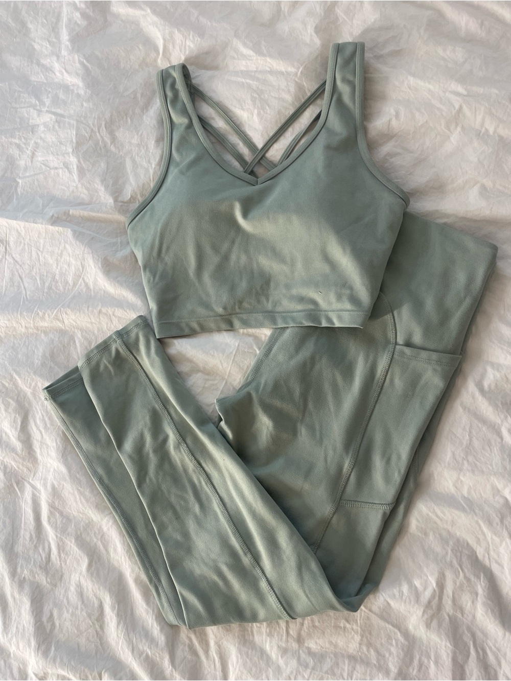 Strappy V-Neck Sports Bra in Sage Green